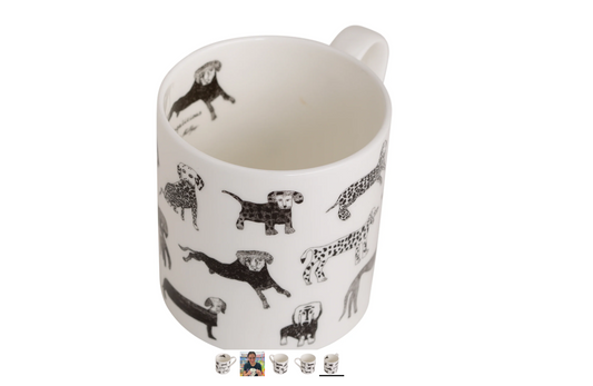 Arthouse Unlimited Dogalicious China mug featuring bold, hand-drawn dog designs, created by artists with learning disabilities to support their creative work.