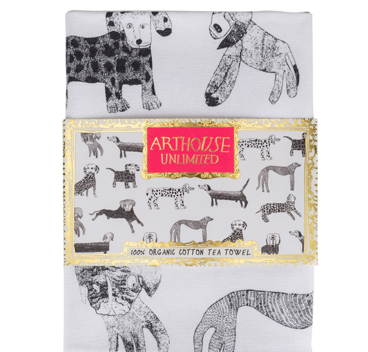 Arthouse Unlimited Dogalicious tea towel featuring bold, hand-drawn dog designs, supporting artists with learning disabilities and celebrating unique artwork.