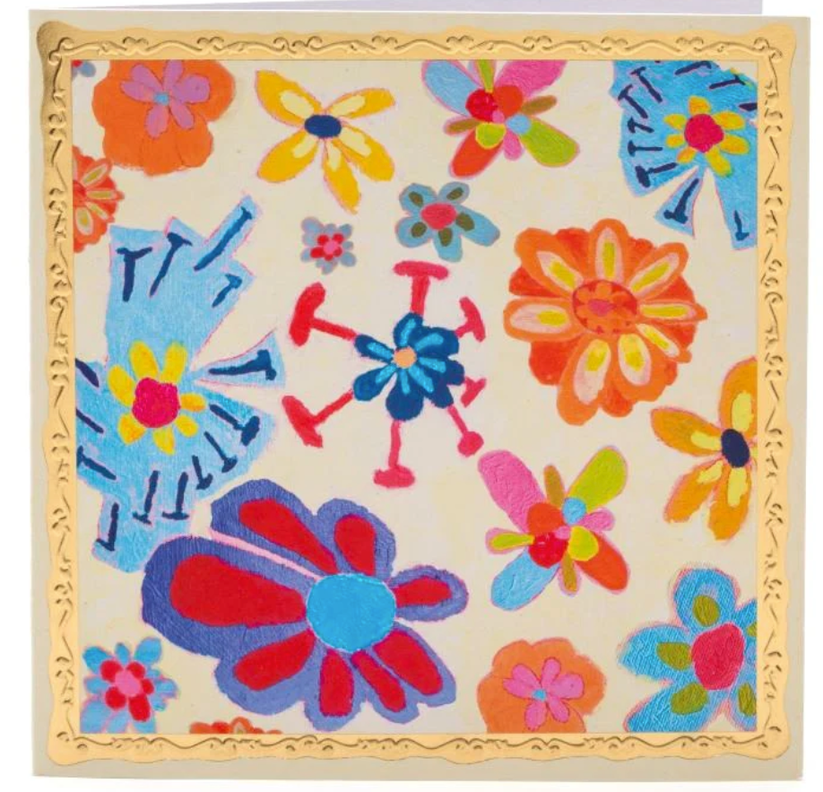 Arthouse Unlimited flowers greetings card featuring a vibrant, hand-drawn floral design, created by artists with learning disabilities to celebrate unique artwork