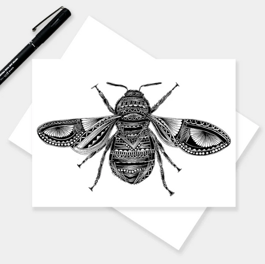 Bee card by Pia Elliot, featuring an intricate, hand drawn, detailed design of a bee in delicate lines, capturing the beauty of the bee in a minimalist style.