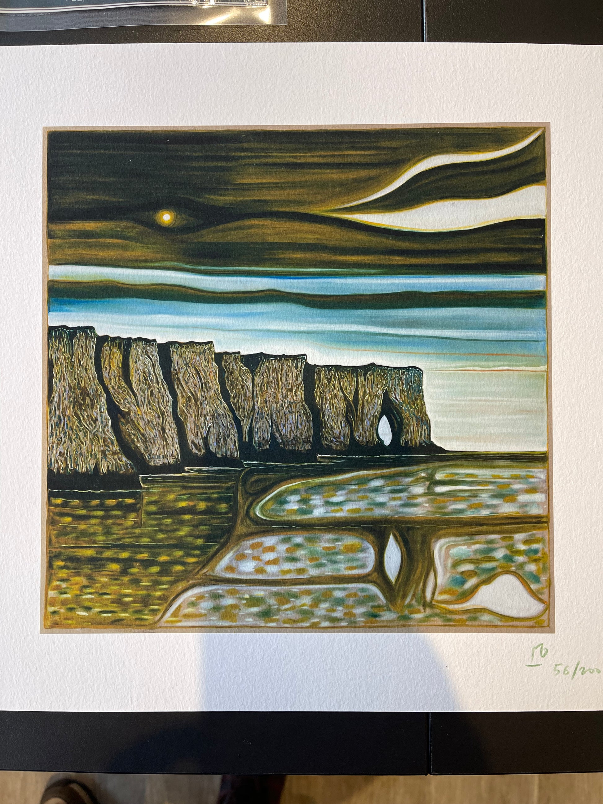 Print by Billy Childish depicting a dramatic coastline with a moody, overcast sky, capturing a raw, atmospheric scene of nature