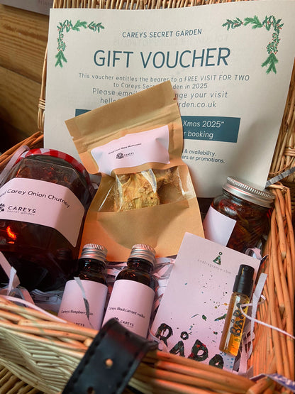 Carey’s gift hampers, featuring handmade treats, fragrance sample, and a voucher for two to visit the garden, offering a thoughtful and personalised gift experience.