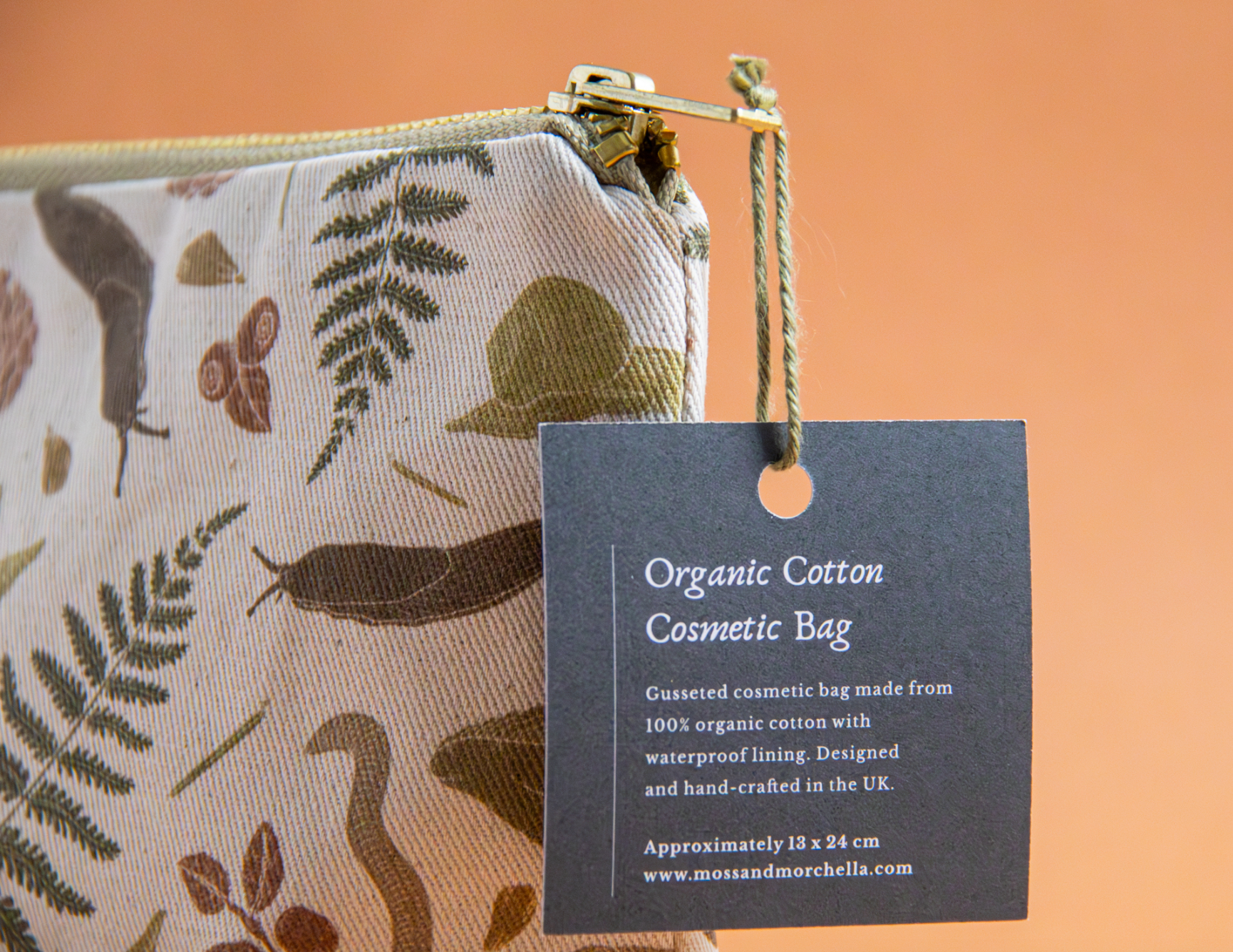 Organic cotton cosmetic bag by Moss and Morcella, featuring a nature-inspired design, offering a sustainable and stylish way to store beauty essentials