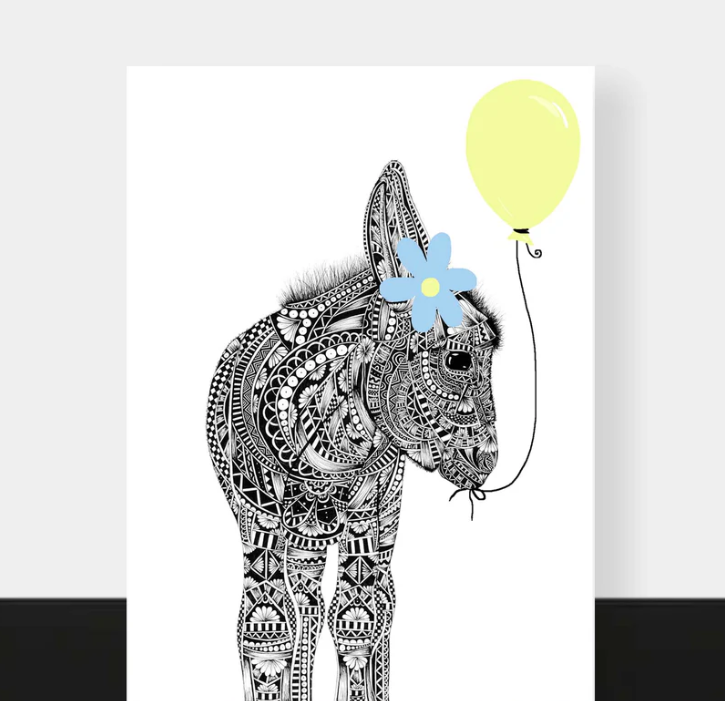 Donkey party card by Pia Elliot, featuring an intricate, detailed design of a donkey in delicate lines, capturing the beauty of the animal in a minimalist style.