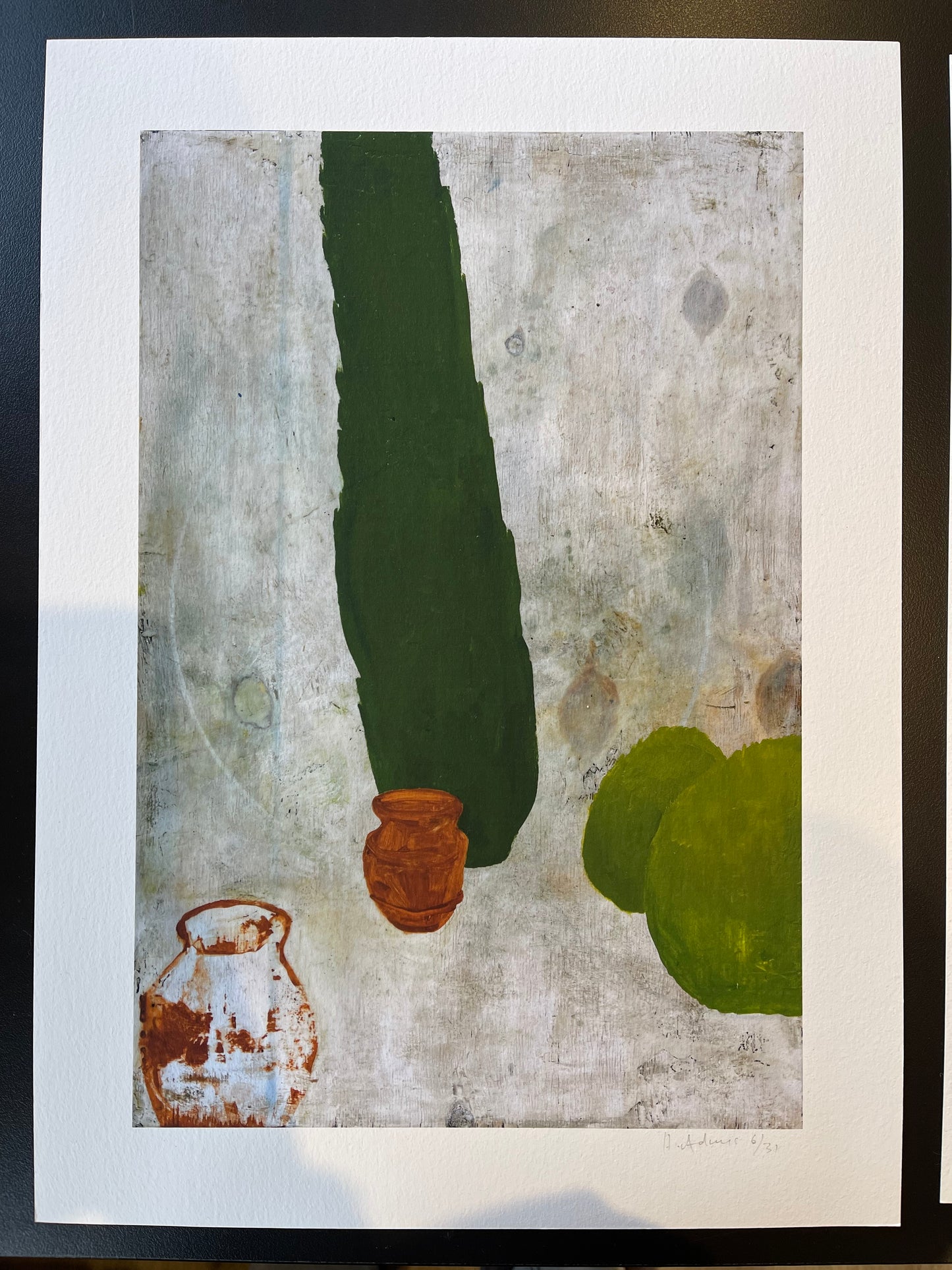 Print by Harry Adams featuring vibrant green trees and terracotta pots for a striking visual composition.