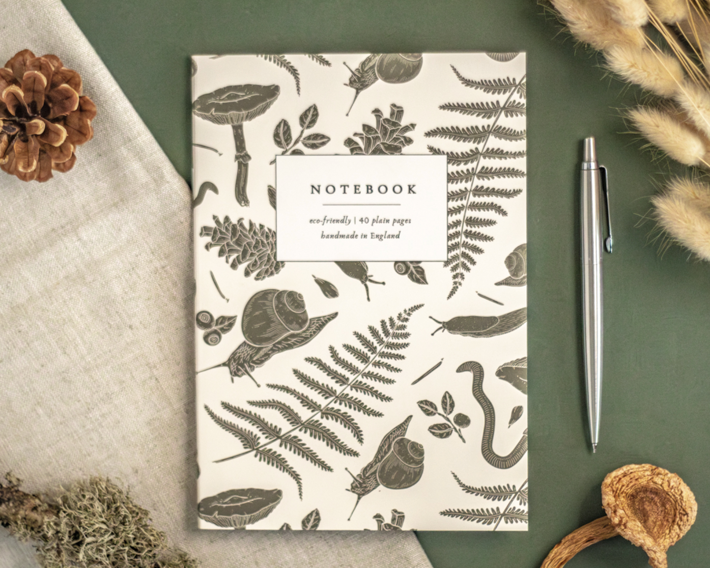 Notebook by Moss and Morcella, featuring a nature-inspired cover design, perfect for jotting down thoughts, sketches, or notes in a sustainably crafted, eco-friendly format