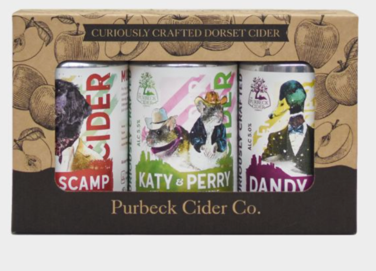 Purbeck Cider tins gift set available at Carey’s, featuring a selection of premium local ciders in beautifully packaged tins, perfect for gifting or enjoying a refreshing drink