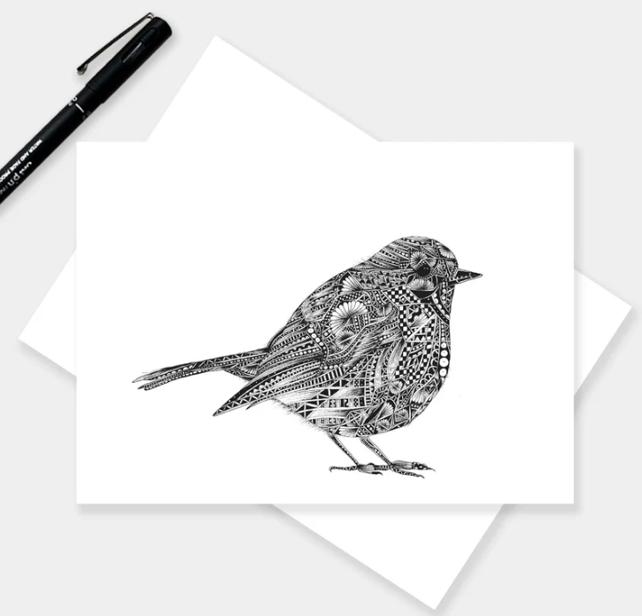 Robin card by Pia Elliot, featuring an intricate, detailed design of a robin in delicate lines, capturing the beauty of the bird in a minimalist style.