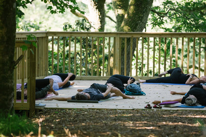 Women’s yoga class at Carey’s, with participants practicing poses outdoors on a wooden platform in a woodland setting, surrounded by nature and peaceful ambiance